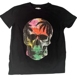 Heads or Tails Mens Large Black Short Sleeve Embellished Tropical Skull Crystal